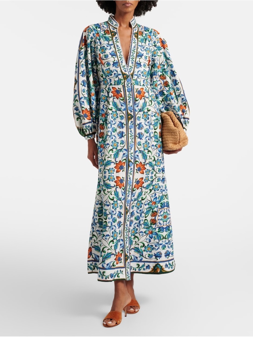 FARM Rio Maxi Dress linen blend with Blue & Orange Floral Print